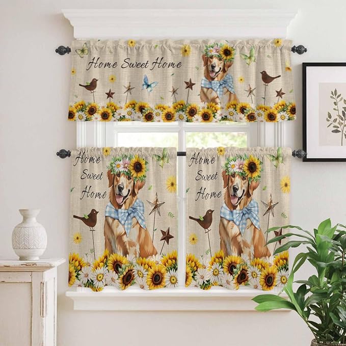 Kitchen Curtains Tiers and Valance Set of 3, Sunflowers Dog Light Filtering