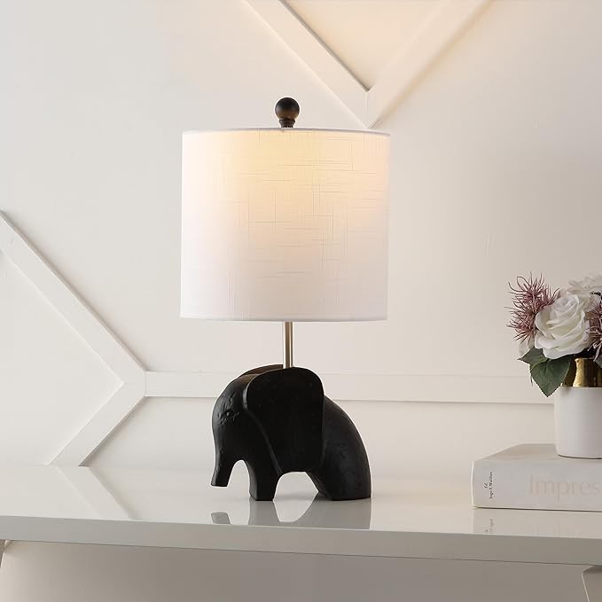 JONATHAN Y 17.5" Black Elephant Kids Table Lamp, Whimsical Resin Bedside Lamp with White Linen Drum Shade for Bedroom Playroom Nursery, LED Bulb Included, UL Listed JYL1143A
