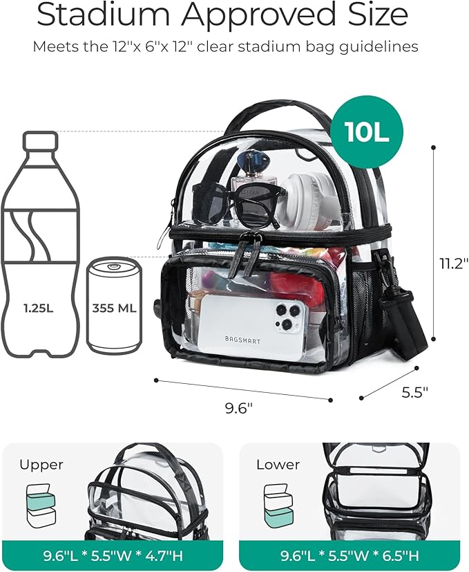 BAGSMART Stadium Approved Clear Bag 12"x6"x12", Double Deck Lunch Box, Convertible to Backpack, Waterproof PVC, Pink