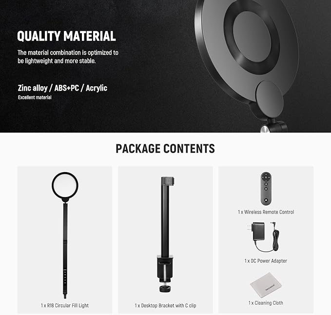 NEEWER BASICS 18W 7" Desktop Ring Light with Stand Folding Arm Desk C Clamp, Full Screen LED Circle Ringlight for Video Conference Lighting Streaming Recording Makeup Phone Selfie Computer Laptop, R18