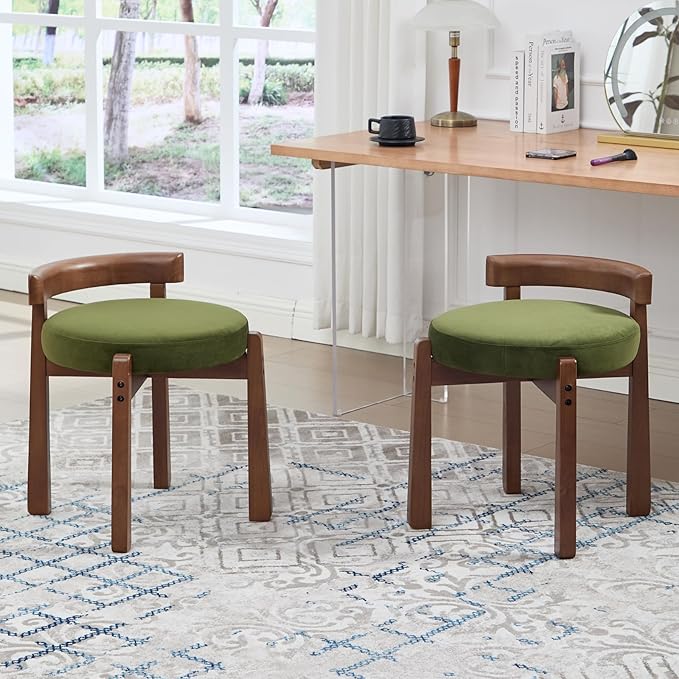 DUOMAY Modern Velvet Vanity Stools Set of 2, Upholstered Low Back Ottomans with Solid Wood Legs Cute Round Footrest Makeup Stools Dressing Seat for Living Room Bedroom, Green