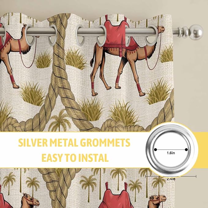 2 Panel Kitchen Cafe Curtains, Camels Palm Trees Sunlight Filtering Nature Air