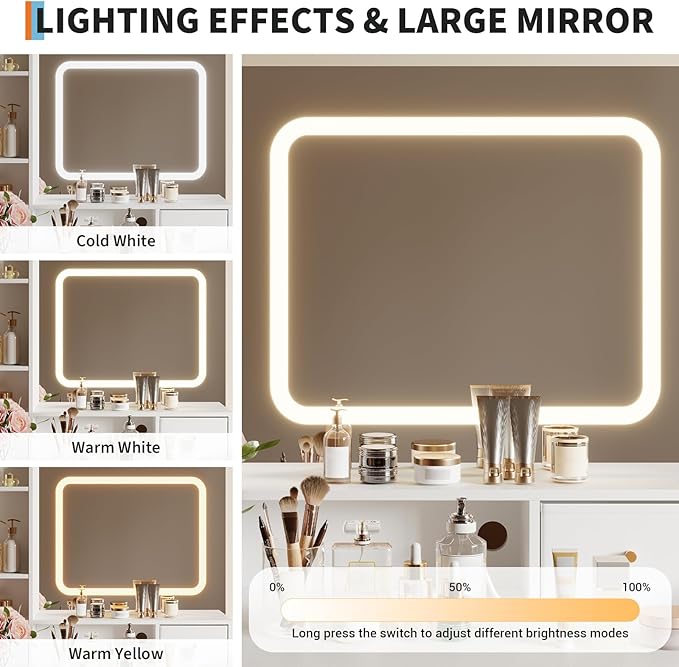 Garvee Vanity Desk, Makeup Vanity Desk with Mirror and Lights 3 Colors, Dressing Table with Chair, Makeup Table Set with 4 Drawers, Power Outlet & Storage Shelves, for Bedroom (White)