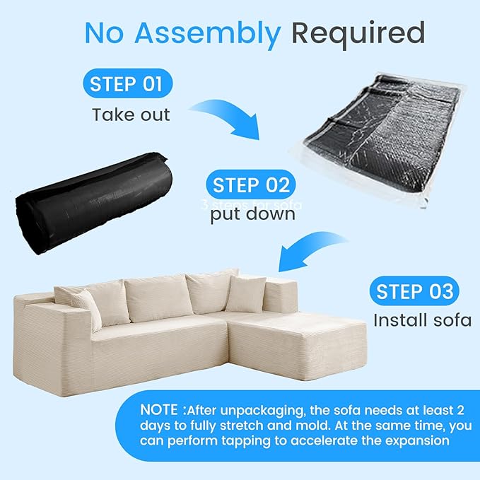 PUREMIND 106" White Cloud Sectional Couch Sectional Couches for Living Room, Corduroy L Shape Sofa with Deep Seat, Modular Boneless Foam Couch Corner Couches No Assembly Required