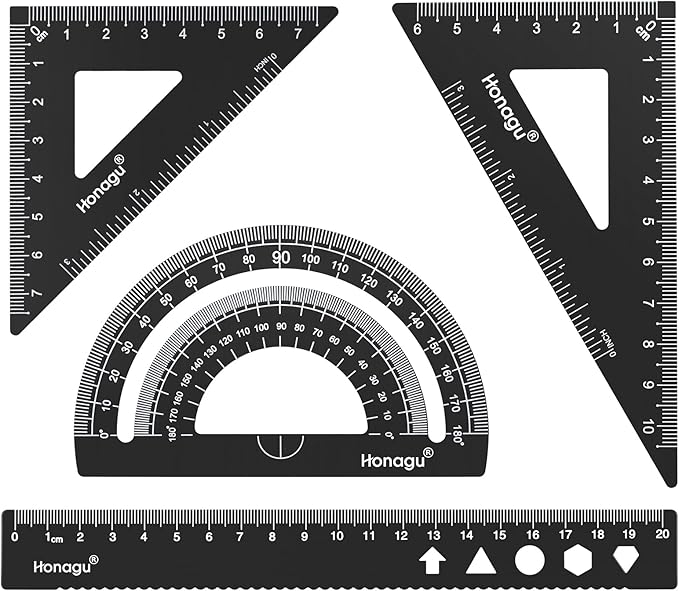 Honagu Triangular Ruler Set, 4 Pieces Aluminum Alloy Ruler, Metal Drafting Ruler, Geometric Protractor for Students, Draftsmen, Engineers, Home School Office Supplies (20cm/7.87inches, Black)