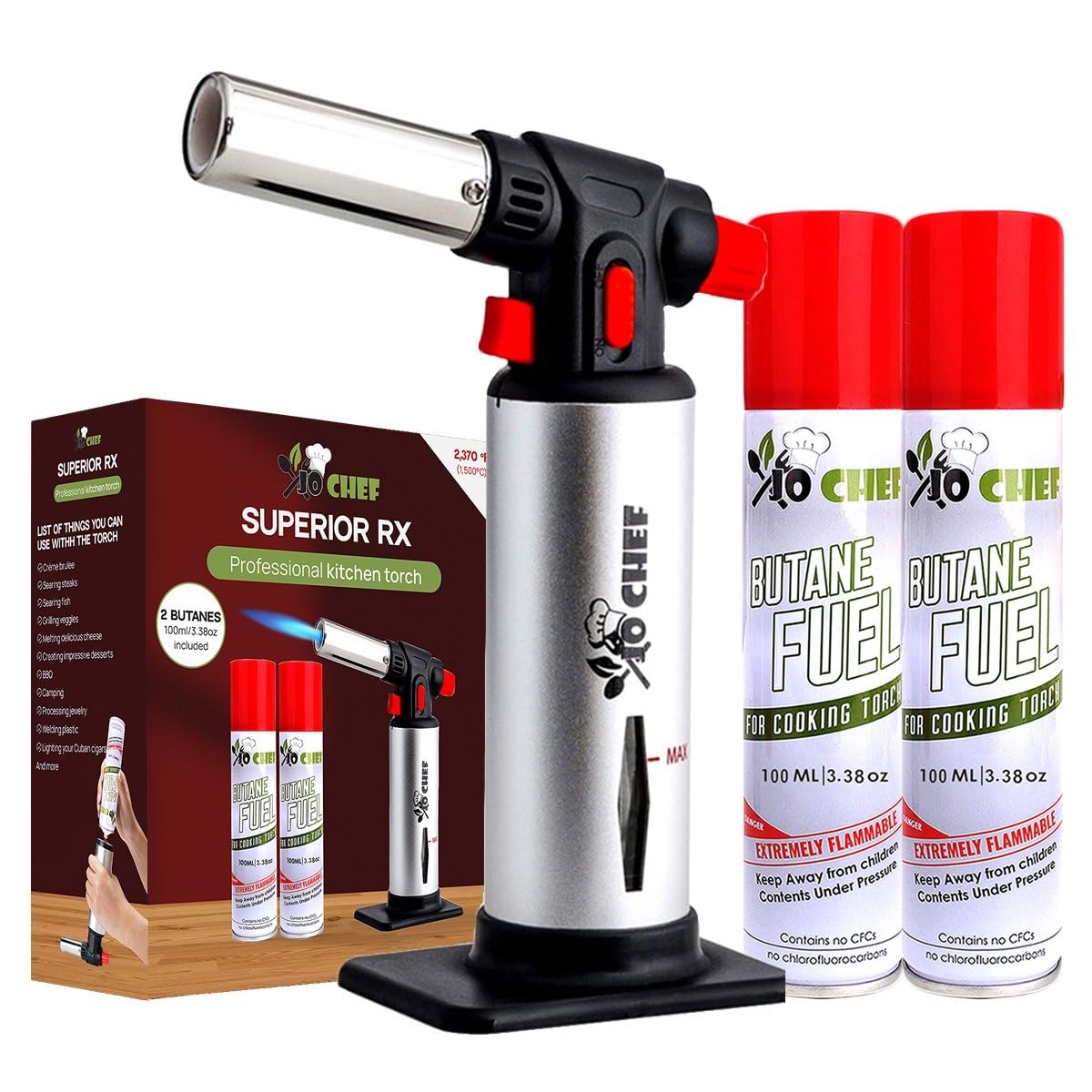 Jo Chef Kitchen Torch with Butane Included – Refillable Lighter with Safety Lock & Adjustable Flame, Blow Culinary Torch for Cooking, BBQ, Creme Brulee, DIY and Soldering - 1 Can (5.07oz) Included
