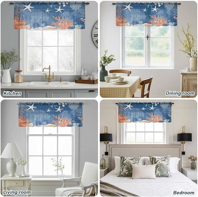 Ocean Corals Sheer Valance Curtains, Summer Beach Coral Sea Stars Dark Blue