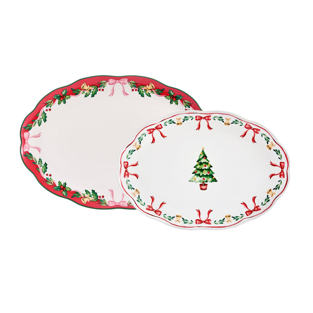 Bico Christmas Merry Crew Ceramic 16 inch plus 12 inch Ceramic Oval Platter, Set of 2, for Serving Turkey, Steak, Salad, Microwave & Dishwasher Safe