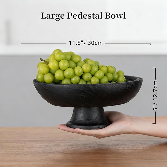 Hanobe Decorative Wood Bowl for Centerpiece: Wooden Black Pedestal Bowl Decor for Entry Way Table - Large Coffee Table Decor Dough Bowl for Fruit,Keys