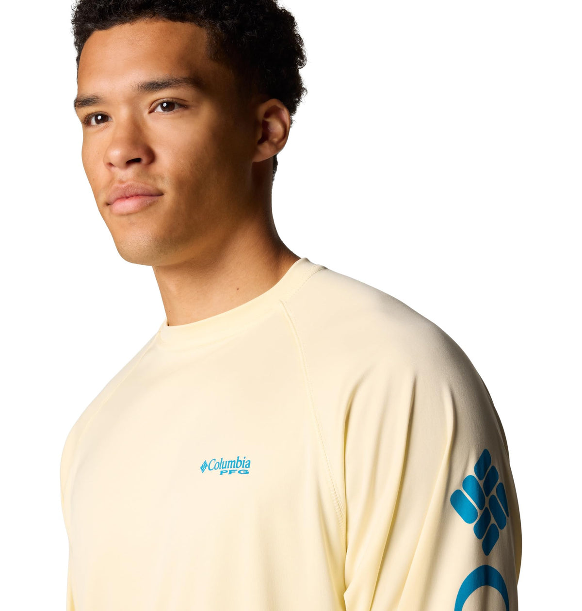 Columbia Men's PFG Terminal Tackle Long Sleeve Fishing Shirt, Lemon Wash/Blue Echo Logo, Small