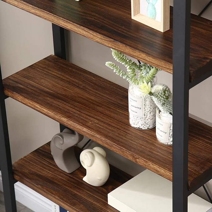 Solid Wood Bookshelf,4 Tier Rustic Vintage Industrial Etagere Bookcase, Open Metal and Wood Vintage Book Shelf, Retro Brown (RealWood)(4-Tier)