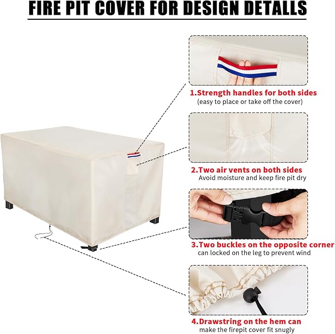 Youlvy Fire Pit Cover Rectangular 42 Inch - Waterproof Outdoor Fire Table Cover Rectangle Heavy Duty, 600D Patio Propane Gas Firepit Cover Rectangular Tear Weather Resistant - 42 x 20 x 13 Inch Beige