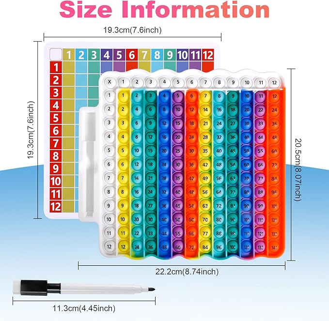 Educational e1 Multiplication Table pop Fidget Toy Rainbow Colors with Dry Erase Marker Stress Relieving Toy Memory Addition Game 3rd Grade pop 12x12 Rainbow Board Math manipulatives