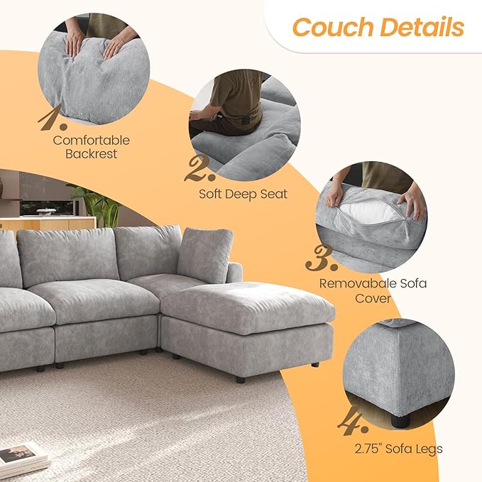 JACH 67" Love Seat Sectional Couches with Chaise Ottoman, Modern Convertible Modular Sofa, Cloud Sectional Couch, Sofa Covers Washable, Minimalist Couch for Living Room, Bedroom, Apartment, Light Grey