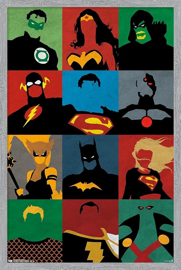 DC Comics Justice League - Minimalist Wall Poster, 34L" x 22.4W", Gray Framed Version