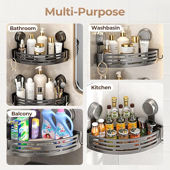 Triangle Suction Cup Corner Shelves, 2026 No Drilling Bathroom Storage Rack, Corner Shower Shelf Suction Cup Shower Caddy Corners Organizer Storage Rack Adhesive with Towel Bar (grey, single-layer)