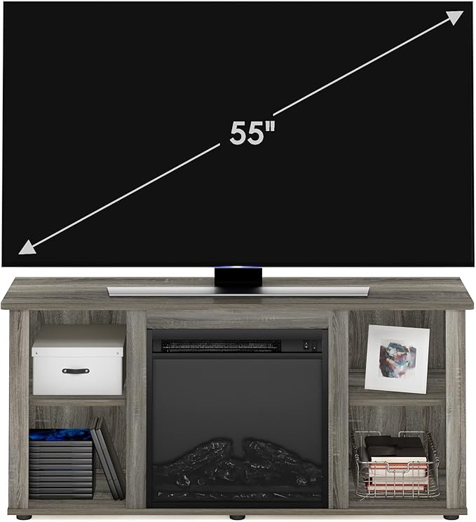 Furinno Jensen Fireplace Entertainment Center TV Stand with Open Storage for TV up to 55 Inch, French Oak Grey