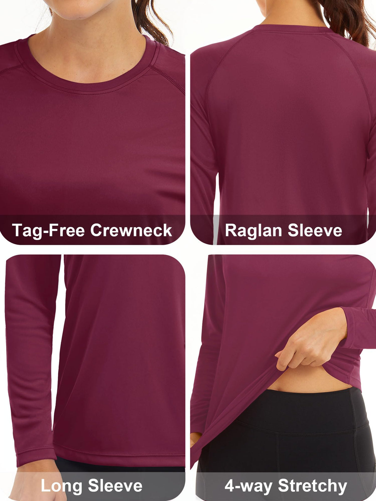 MAGCOMSEN Quick Dry Running Shirts - Lightweight Long Sleeve Summer Tops for Women - Sun Protection & Hiking - Wine Red