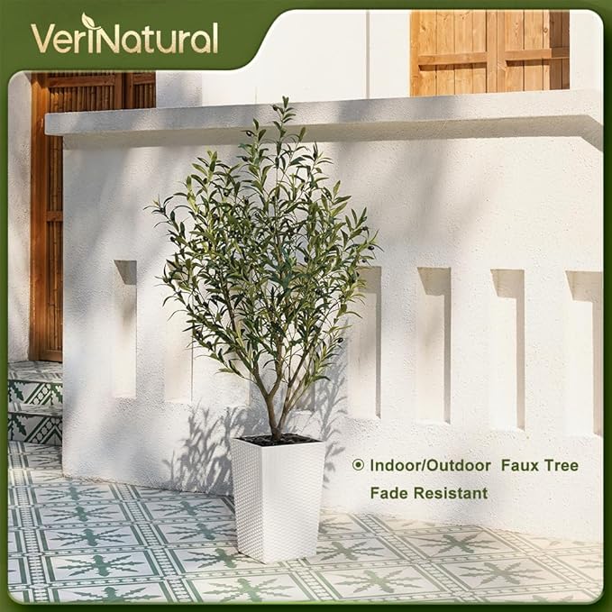 Artificial Olive Tree 5FT Indoor&Outdoor Faux Plant - UV Resistant Large Fake Tree with White Planter & Pebbles, Realistic Tall Potted Artificial Trees for Modern Home Decor Office Living Room VN132