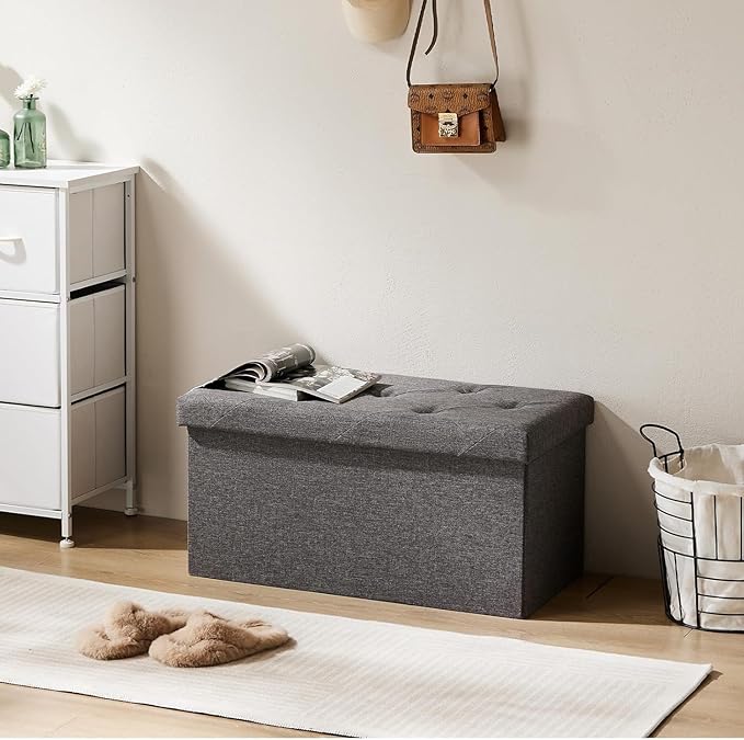30 Inches Folding Storage Ottoman Bench, Ottoman Foot Rest, Storage Chest, End of Bed Foot Rest Stool with Padded Seat for Living Room, Bedroom, Entryway, Support 660lbs, Linen, Grey