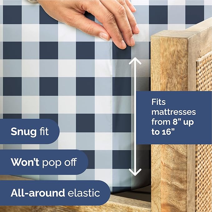 Blue Gingham Bed Sheet Set – 1 Flat & 1 Fitted Sheet & 2 Pillowcases w/ Deep Pockets – Grid, Plaid, Checkered Pattern Bedding - Wrinkle & Fade Resistant - Ultra-Soft, Breathable & Cooling - King Size