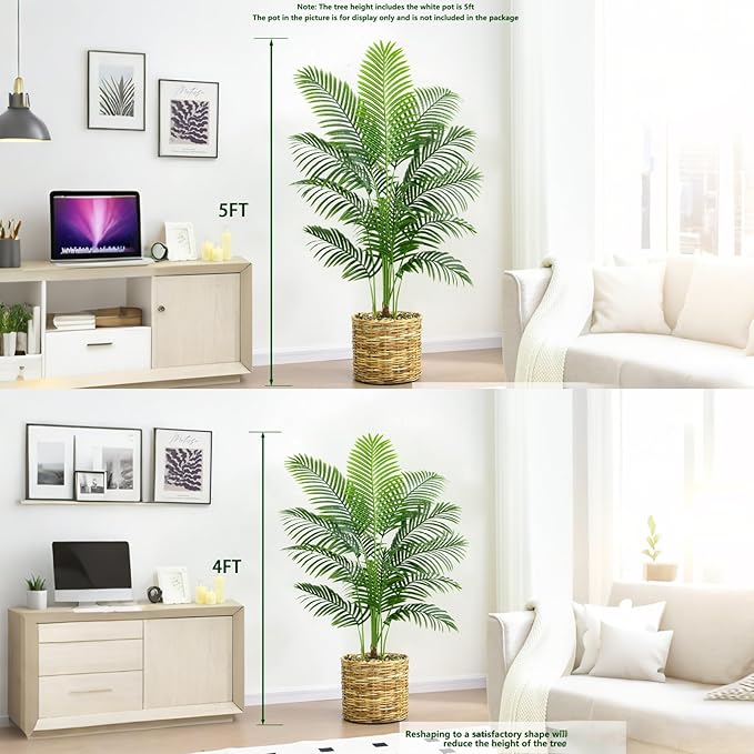 Artificial Palm Tree 5FT Artificia Plants Indoor Fake Tree Tropical Fake Plam Trees Areca Floor Plant in Black Pot with 13 Trunks & Real Bark Design Faux Palm Plant for Outdoor Home Room Decor