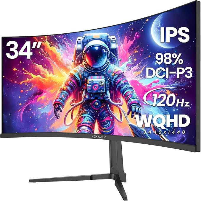 CRUA 34" Curved Gaming Monitor, IPS WQHD(3440x1440P) 120Hz 1900R 21:9 UltraWide PC Display, 130% sRGB, AMD FreeSync, Blue Light Filter, HDMI/DP Ports, Wall Mountable Installs– Black