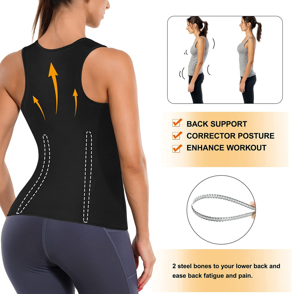 LANCS Sauna Suit for Women Sweat Waist Trainer Zipper Vest Cincher Body Shaper Corset Slimming Workout Tank Tops (Black, Large)