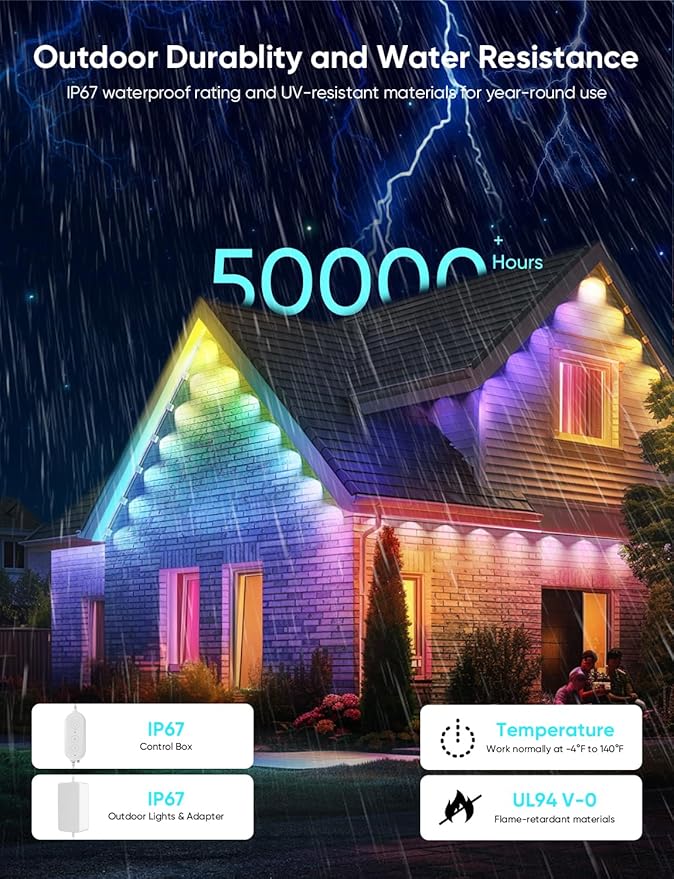 APPECK Permanent Outdoor Lights Pro 200ft, 144W RGBCW Eaves Lights with 144 LED Lights, 80lm, Cuttable, 111 Scene Modes, IP67 Waterproof Lighting for Christmas Decoration, Work with Alexa, White
