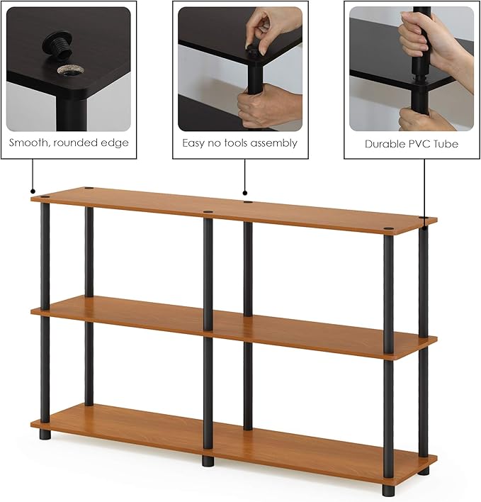 Furinno TURN-N-TUBE Storage Shelves, 3-Tier 47.4 Wide Book Shelf, Corner Shelf, Toolless Open Shelves, for Organization and Storage, Living Room, Garage, Home Office, Light Cherry