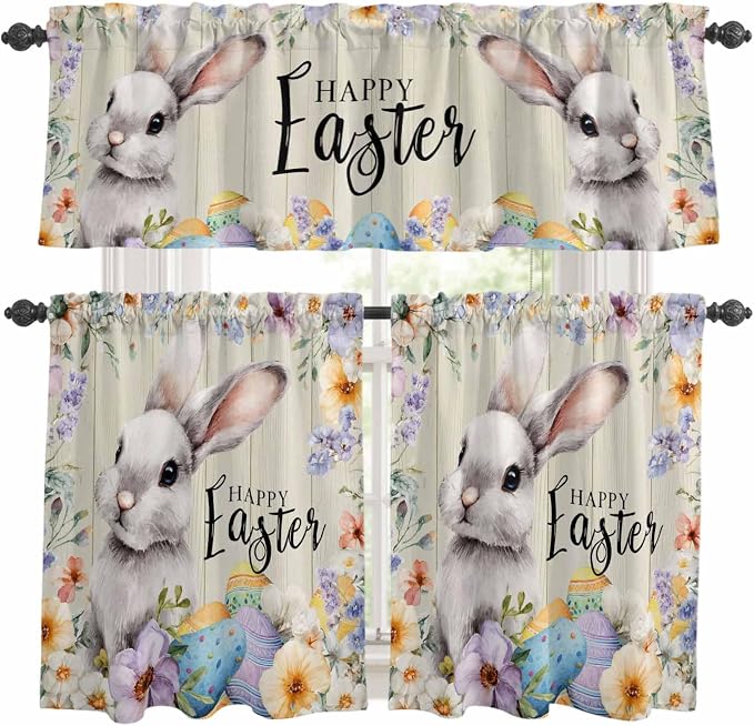 Easter Grey Bunny Kitchen Curtains Set 3 Piece