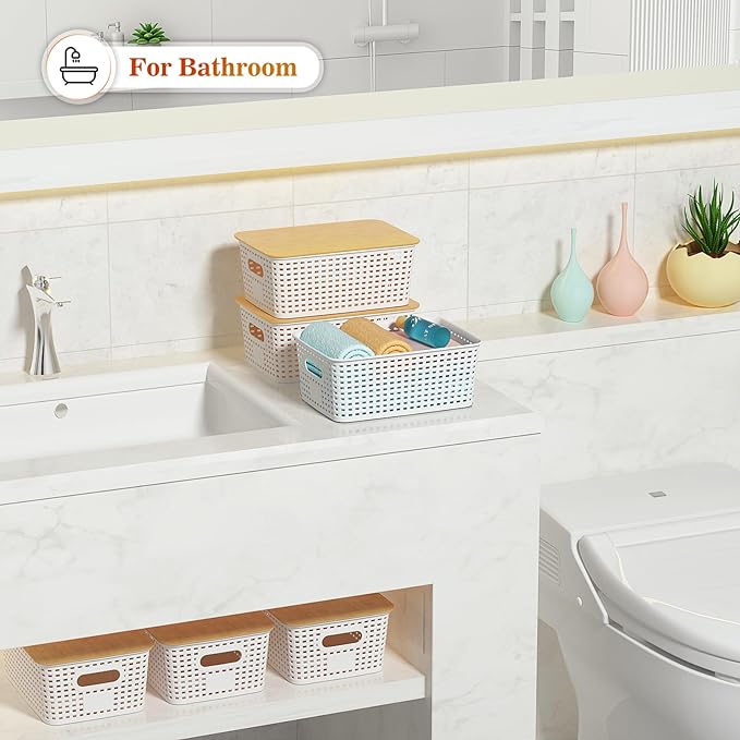 Plastic Storage Baskets With Bamboo Lid - Plastic Storage Containers Stackable Storage bins: Storage Baskets for Organizing Shelves Drawers Desktop Closet Playroom Classroom Office, 6 Pack