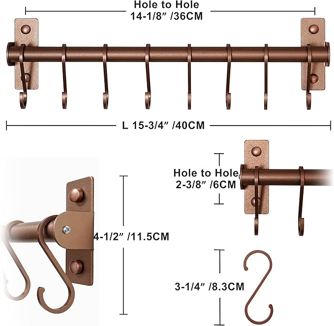 Dseap Kitchen Utensil Holder Hanger, Pot and Pan Rack Wall Mounted, Kitchen Rail with 8 Hooks for Hanging Cooking Utensils, Mugs, Spoons, Wall Mounted, Antique Copper New