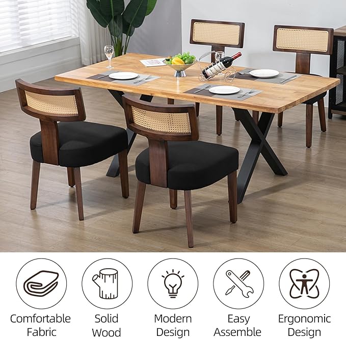 Upholstered Rattan Dining Chairs Set of 2, Mid-Century Modern Fabric Dining Room Chairs with Brown Hardwood Frame, Curved Backrest Kitchen Armless Accent Chairs for Living Room (Black)