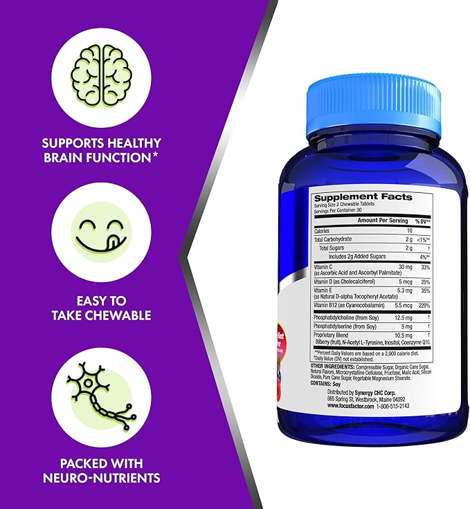 Focus Factor Kids Complete Daily Chewable Vitamins: Multivitamin & Neuro Nutrient, Brain Function, w/Vitamin B12, C, D3, 60 Count (2 Pack)