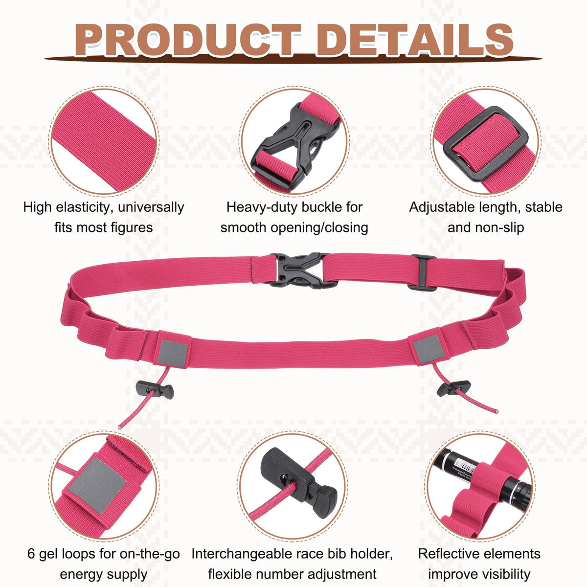YELARXI Bib Belt, Race Belt Triathlon Running Number Holder Elastic Comfortable with 6 Gel Loops, Sport Race Bib Holder 2Pcs, Pink/Rose Red for Runners/Marathon/Cycling
