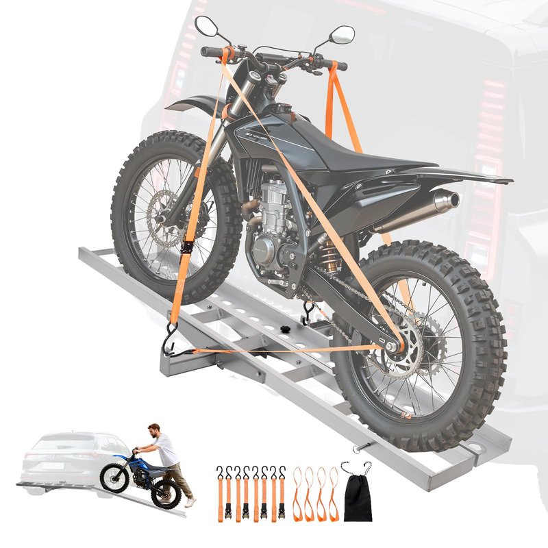 VEVOR Motorcycle Carrier, 400 lbs Capacity, Heavy Duty Aluminum Hitch Mount Rack with 73in Loading Ramp, Straps & Stabilizer, Scooter Dirt Bike Trailer Hauler for Car Truck with 2-Inch Hitch Receiver