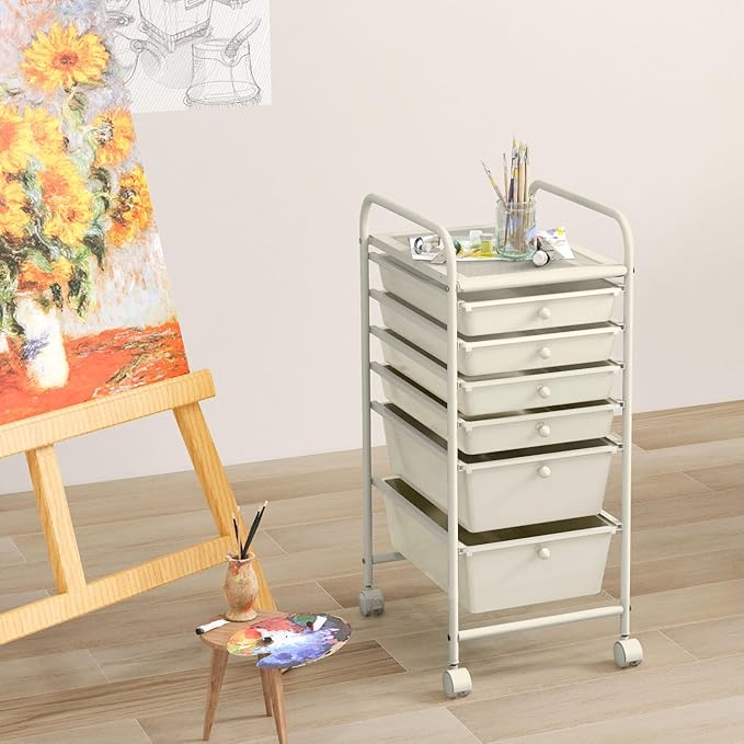 COSTWAY 6-Drawer Rolling Storage Cart, Multifunctional Art Craft Tools Organizer on Wheels, Heavy Duty Utility Mobile Storage Trolley w/ 2 Lockable Wheels for Home Office School (White)