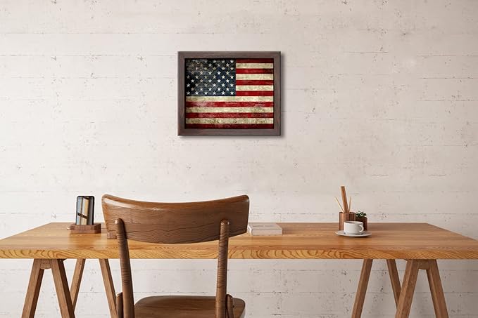 Wieco Art Old Vintage American Flag Wall Art Canvas Print Motivation Classroom Decor With Red Picture Frame and Real Glass Made to Display 5x7" with Mat or 8x10" Without Mat for Home Office Wall Decoration