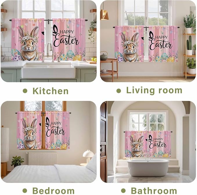 Easter Tier Curtains, Spring Rabbit Eggs Flowers Flags Leaves Wood Grain Light