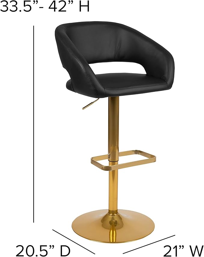 Flash Furniture Erik Contemporary Adjustable Height Barstool with Footrest and Rounded Mid-Back, Upholstered Bar or Counter Height Stool, Black/Gold