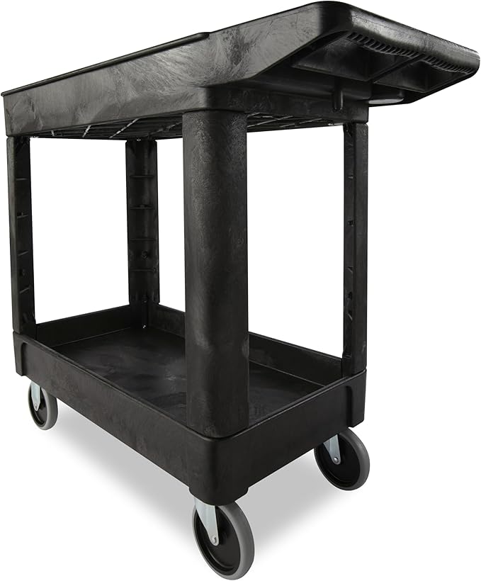 Rubbermaid Commercial Products 2-Shelf Utility/Service Cart, Small, Lipped Shelves, Storage Handle, 500 lbs. Capacity, for Warehouse/Garage/Cleaning/Manufacturing