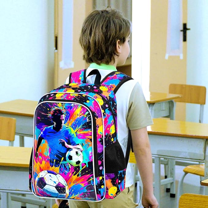 KLFVB 3PCS Backpack for Boys, 17" Kids Football Bookbag and Lunch Box, Water Resistant Teenagers School Backpacks for Middle Elementary - Spray-Paint Soccer