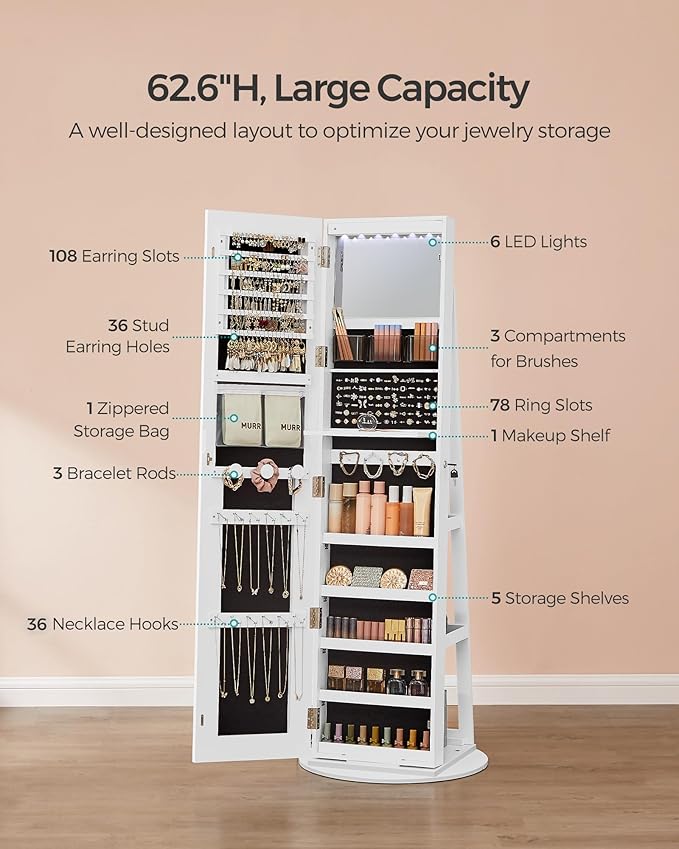 SONGMICS LED Jewelry Cabinet Standing, Lockable Armoire With Full-Length Mirror and Adjustable Lights, Space-Saving Organizer, Gift Idea, Cloud White UJJC008W01