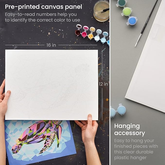 ARTEZA Paint by Number for Adults, 12x16 Inches, 21 Pieces, Turtle Paint by Numbers Kit, Comes with 1 Canvas Panel, 12 Acrylic Paint Pots, 5 Paintbrushes, Art Supplies for Home & Office Wall Decor