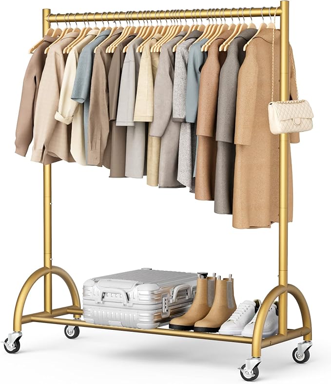 MISSLO Heavy Duty Clothing Rack with Wheels Rolling Clothes Racks for Hanging Clothes, Coats, Garment, Dress, Gold