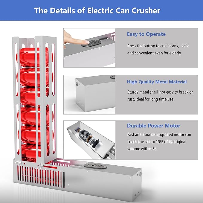 JNSTU Electric Can Crusher, Automatic Can Crushers for Recycling 8/12/16oz Cans, Auto Cycle Mode, Countertop Can Smasher for Recycling Aluminum Seltzer, Soda, Beer Cans (SILVER-2)
