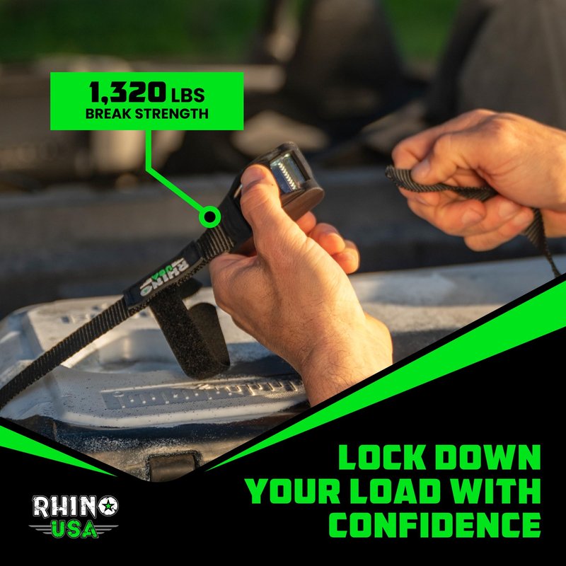 Rhino USA Lashing Straps Cargo Tie Downs (4PK) - 1,320lb lab Inspected Max Break Strength, Includes (4) Heavy Duty 1in x 12ft Cam Buckle Pull Straps. Best for Kayak, Cooler, Cargo