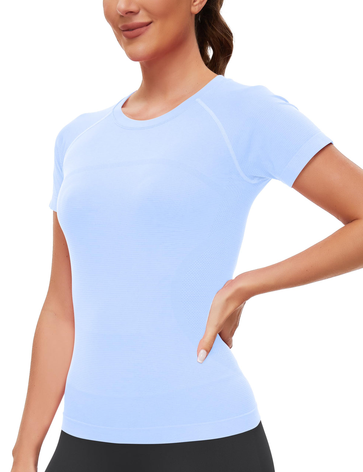 MathCat Seamless Workout Tops for Women, Compression Shirt Women Short Sleeve Shirts Athletic Running Yoga Breathable SkyBlue