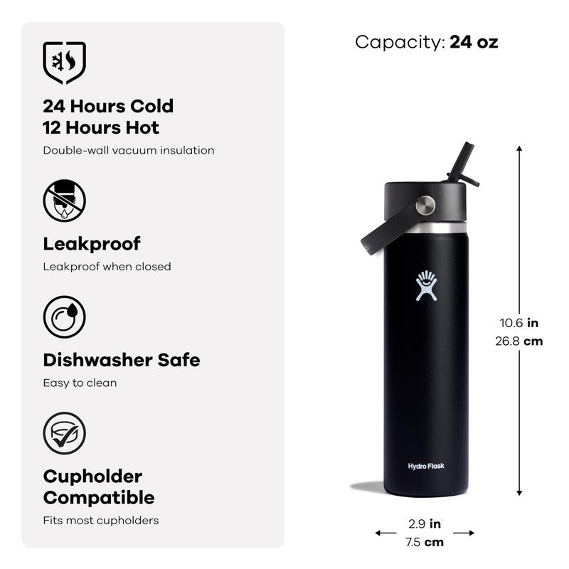 Hydro Flask Water Bottle - Insulated Stainless Steel - Wide Mouth Flex Straw Lid, Non Spill, Leakproof and Refillable in 24 Oz Tonal Agave